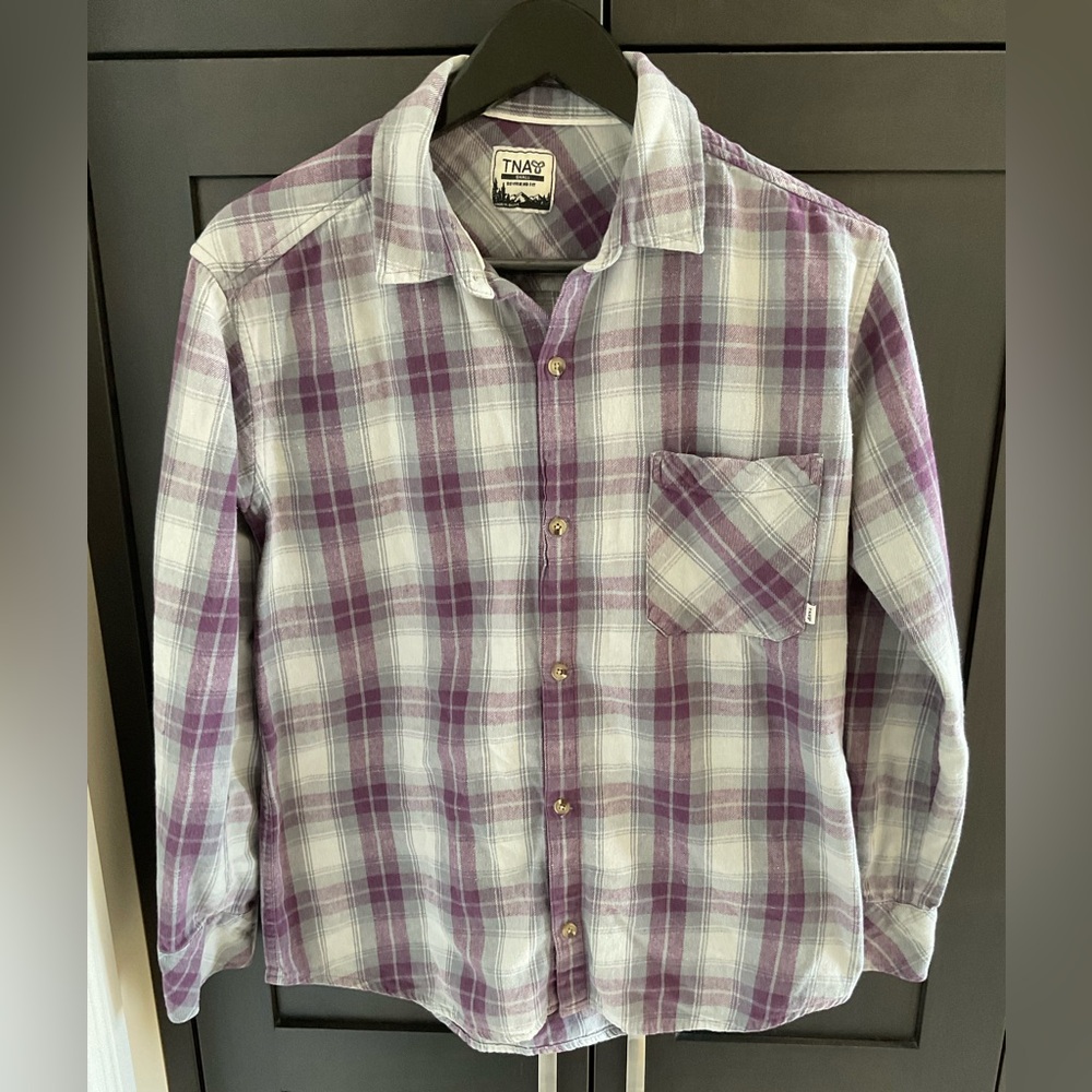 🫟 💟 Aritzia TNA Women’s 100% Cotton Purple Plaid Flannel Cabincore Shirt S EUC
